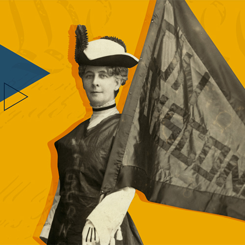 Suffragist holding the women's suffrage flag on a yellow background