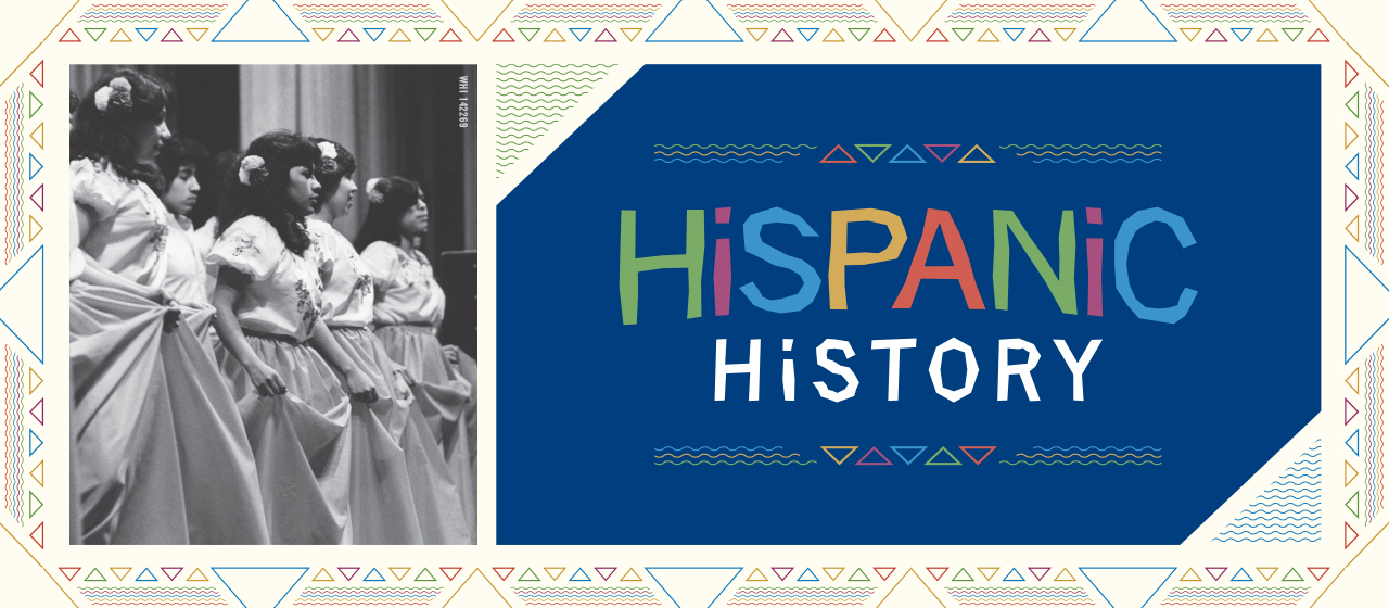 Hispanic History, Celebrate BIG History in Wisconsin. Several women in dresses are standing and holding up their skirts while dancing. Caption reads: 'A dance group, the Los Bailarimos Folkloricos de Waukesha, performed Sunday at a church festival at the Waukesha County Exposition Center.'