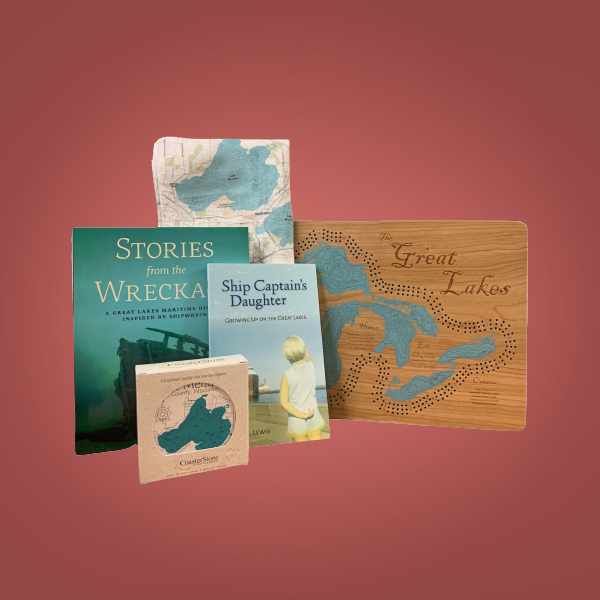 Prize Pack 2 for Member Month 2022.Stories from the Wreckage Wisconsin Historical Society Press book, Ship Captain's Daughter book, Great Lakes Cribbage board, Great Lakes Coasters, and Madison Wisconsin cloth. 