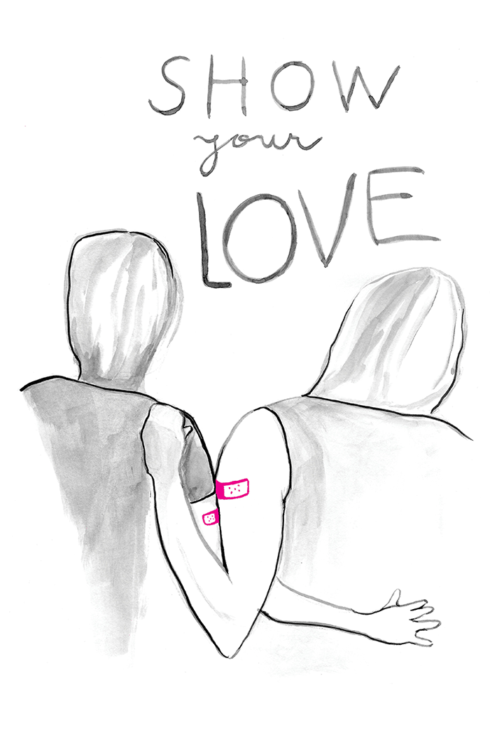 In this monochrome, black & white, watercolor, two figures have their arms wrapped around each other looking into the distance where the words 'Show your love' can be seen. The only color is their matching pink bandaid on both their arms.