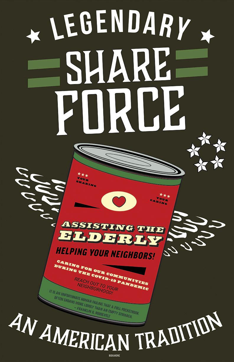 Assisting the Elderly Poster by Greg Biskakone Johnson, A poster reminiscent of WWII army styling it evokes a relateable feel revealing a can of food, that talks about taking care of our neighbors and our community in times of hardship.