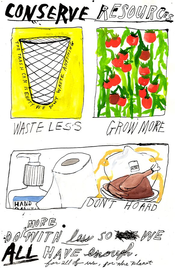 Conserving Resources Poster by Colin Matthes, Stark decisive black and white lines with pops of color to highlight important resources, like tomatoes, create the dramatic affect of this poster.