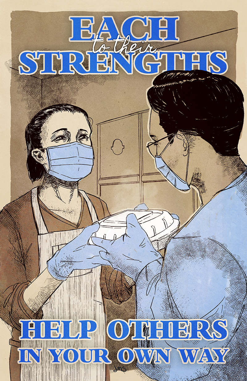 To Each Their Strengths by Jolyn Sandford Poster, featuring an Asian woman handing food to a dark haired person, lots of blues, reminiscent of WWII Nursing Posters.