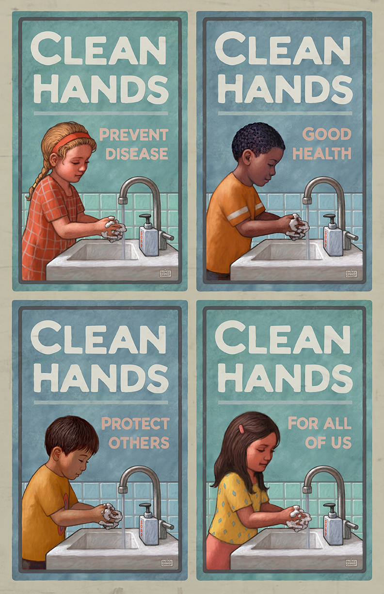 Renee Graef's Clean Hands Poster, depicting four ethnically diverse children all washing their hands.