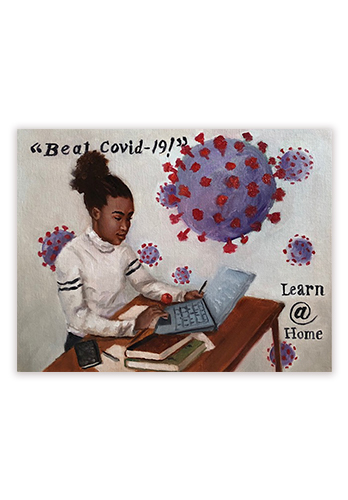 Jerry Jordan's Learn At Home Poster featuring a young black girl at a table full of books and computer looking engaged in her studies