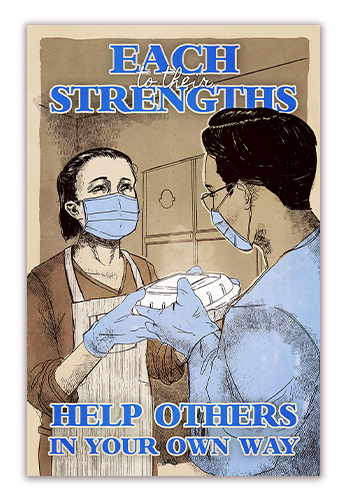 To Each Their Strengths by Jolyn Sandford Poster, featuring an Asian woman handing food to a dark haired person, lots of blues, reminiscent of WWII Nursing Posters.