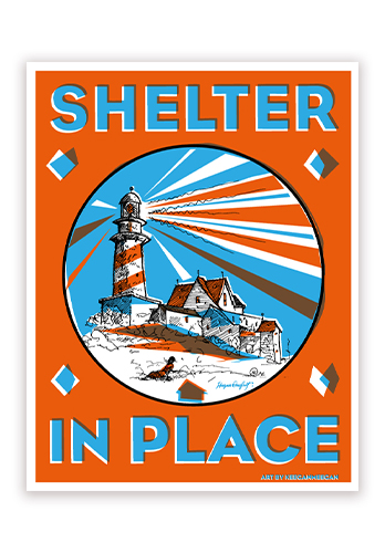 Keegen Onefoot Wenkman's Shelter in Place Poster, depicting a large lightouse and home in vibrant two town, loosely referencing Christina's World.