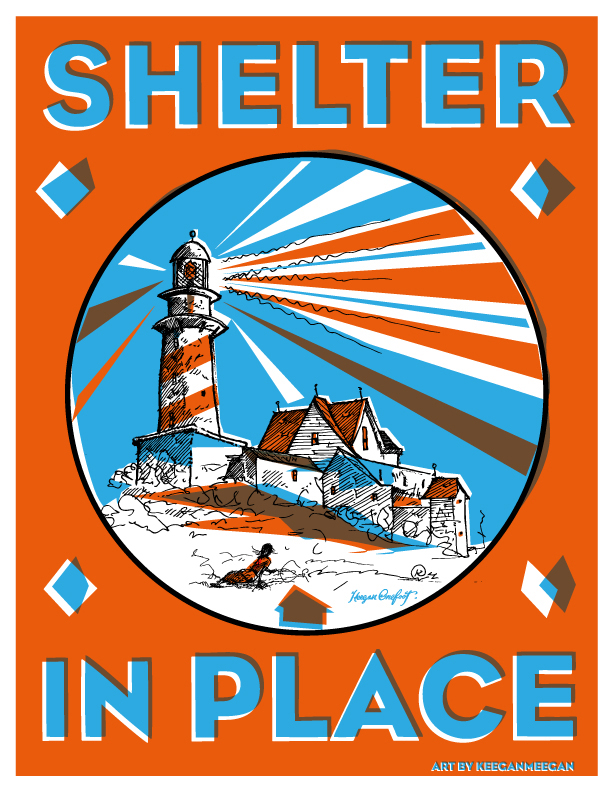 Keegen Onefoot Wenkman's Shelter in Place Poster, depicting a large lightouse and home in vibrant two town, loosely referencing Christina's World.
