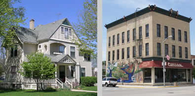 Photograph of a historic home and a historic commercial building.