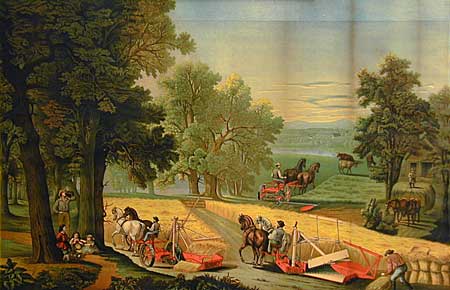 Color poster of nostalgic farm field scene with horses pulling equipment.