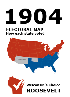 1904 US Electoral Map: How each state voted. Wisconsin's Choice: Roosevelt.