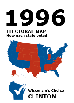1996 US Electoral Map: How each state voted. Election Results. Wisconsin's Choice: Clinton.