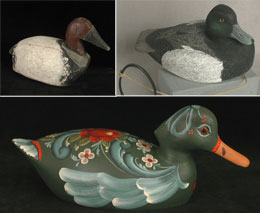 Three different folk art duck decoys made by Wisconsin residents.