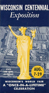 Blue brochure cover features a drawing of the gold statue 'Forward' from atop the Wisconsin State Capitol.