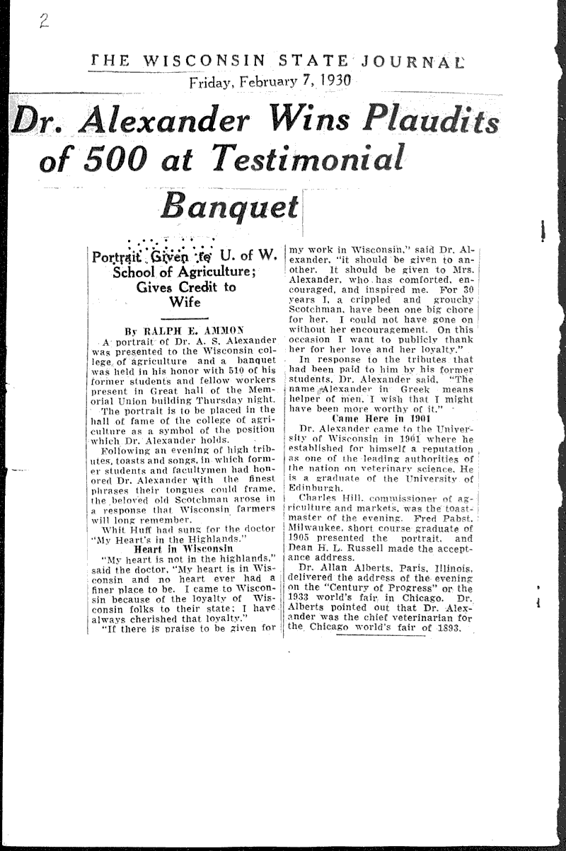  Source: Wisconsin State Journal Topics: Agriculture Date: 1930-02-05