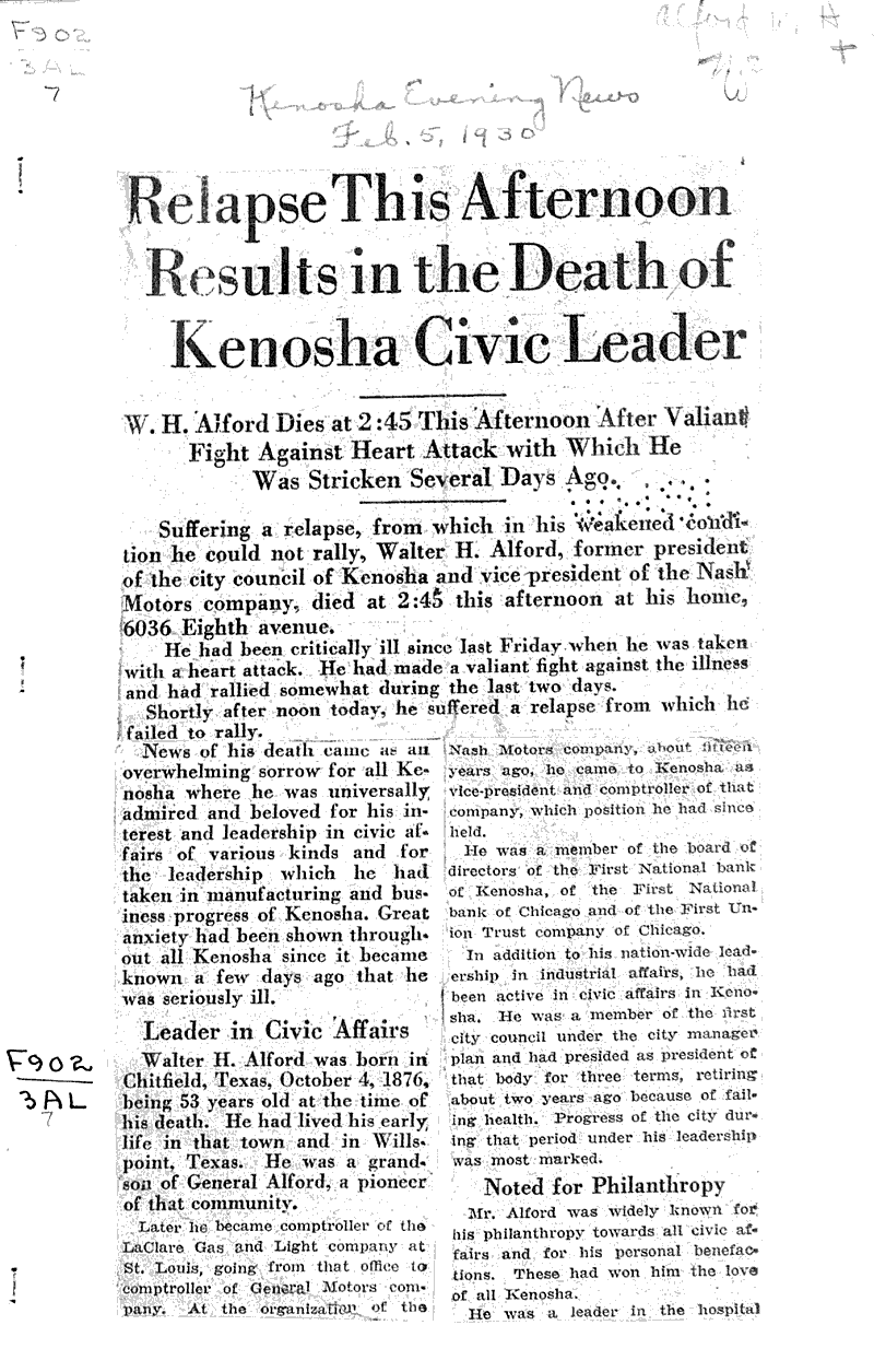  Source: Kenosha Evening News Date: 1930-02-05