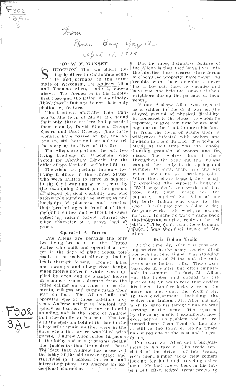 Allen brothers, shiocton, voted for 'Abe' Lincoln for president