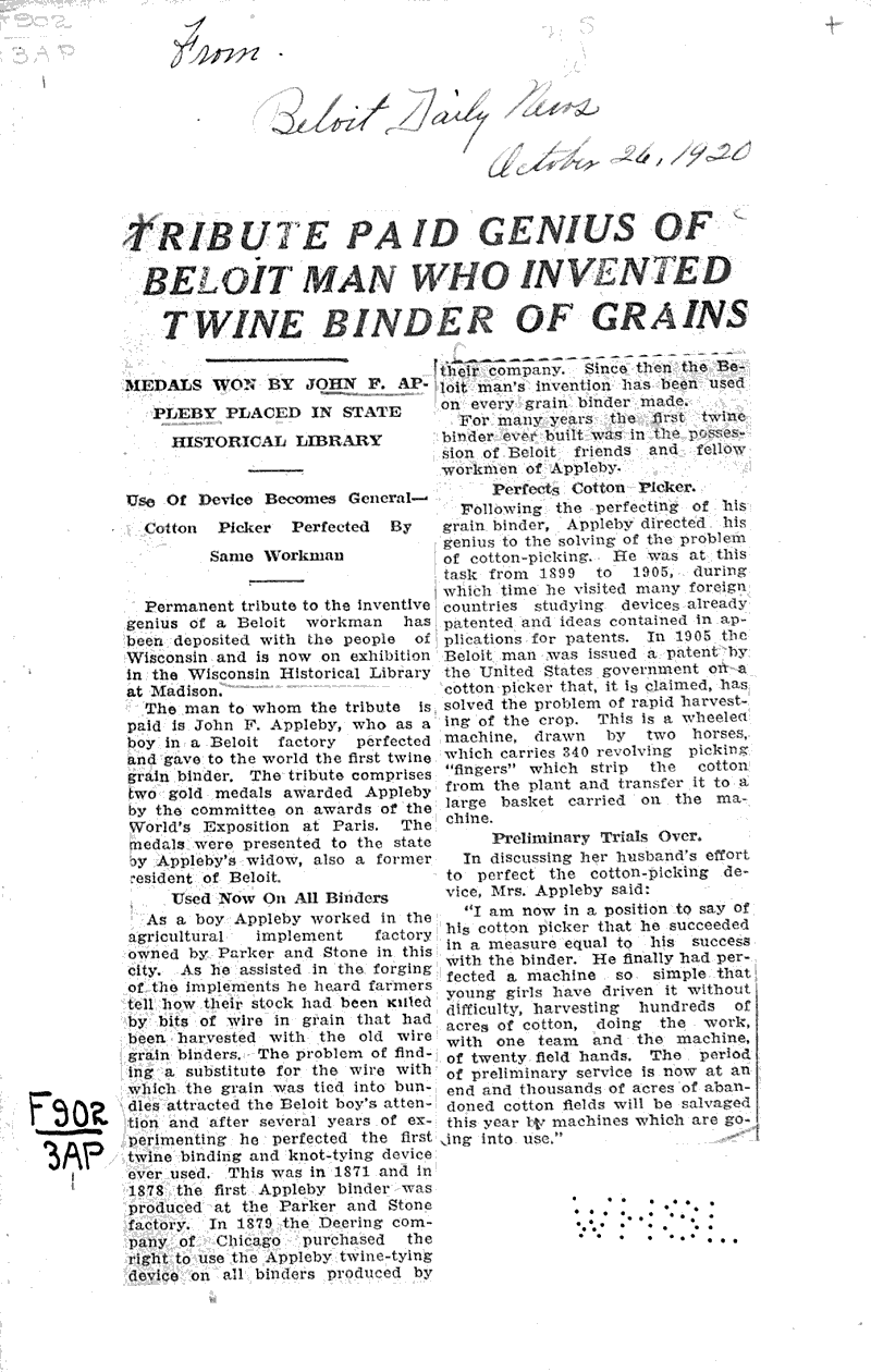  Source: Beloit Daily News Topics: Agriculture Date: 1920-10-26