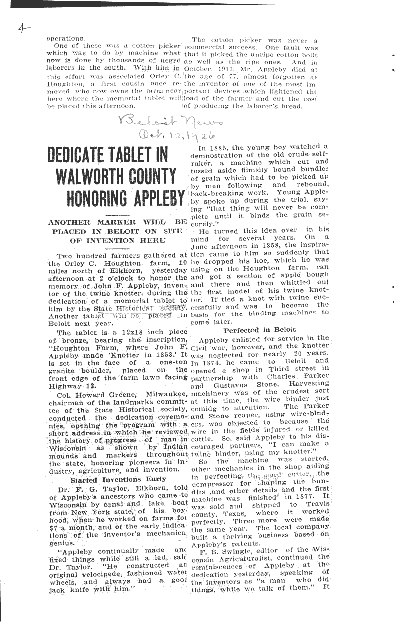 Dedicate tablet in Walworth County honoring appleby Newspaper Article