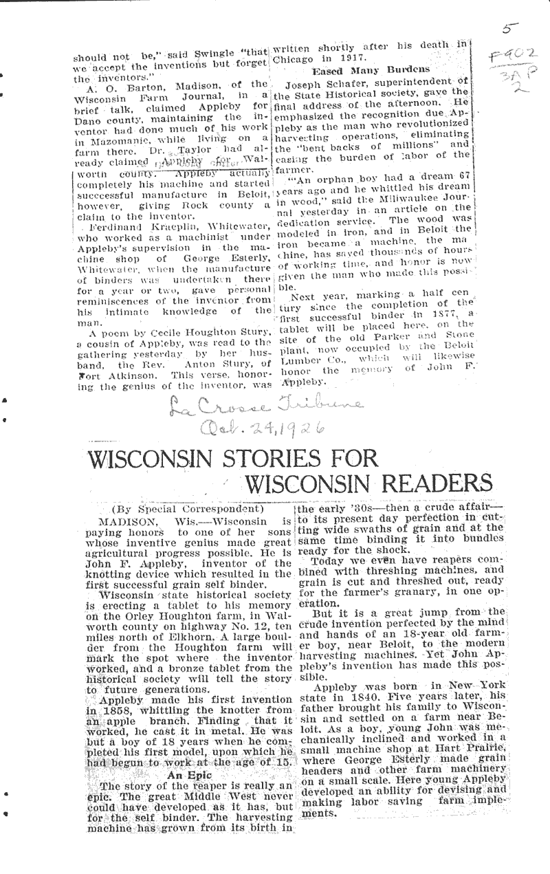  Source: La Crosse Tribune and Leader-Press Topics: Agriculture Date: 1926-10-24