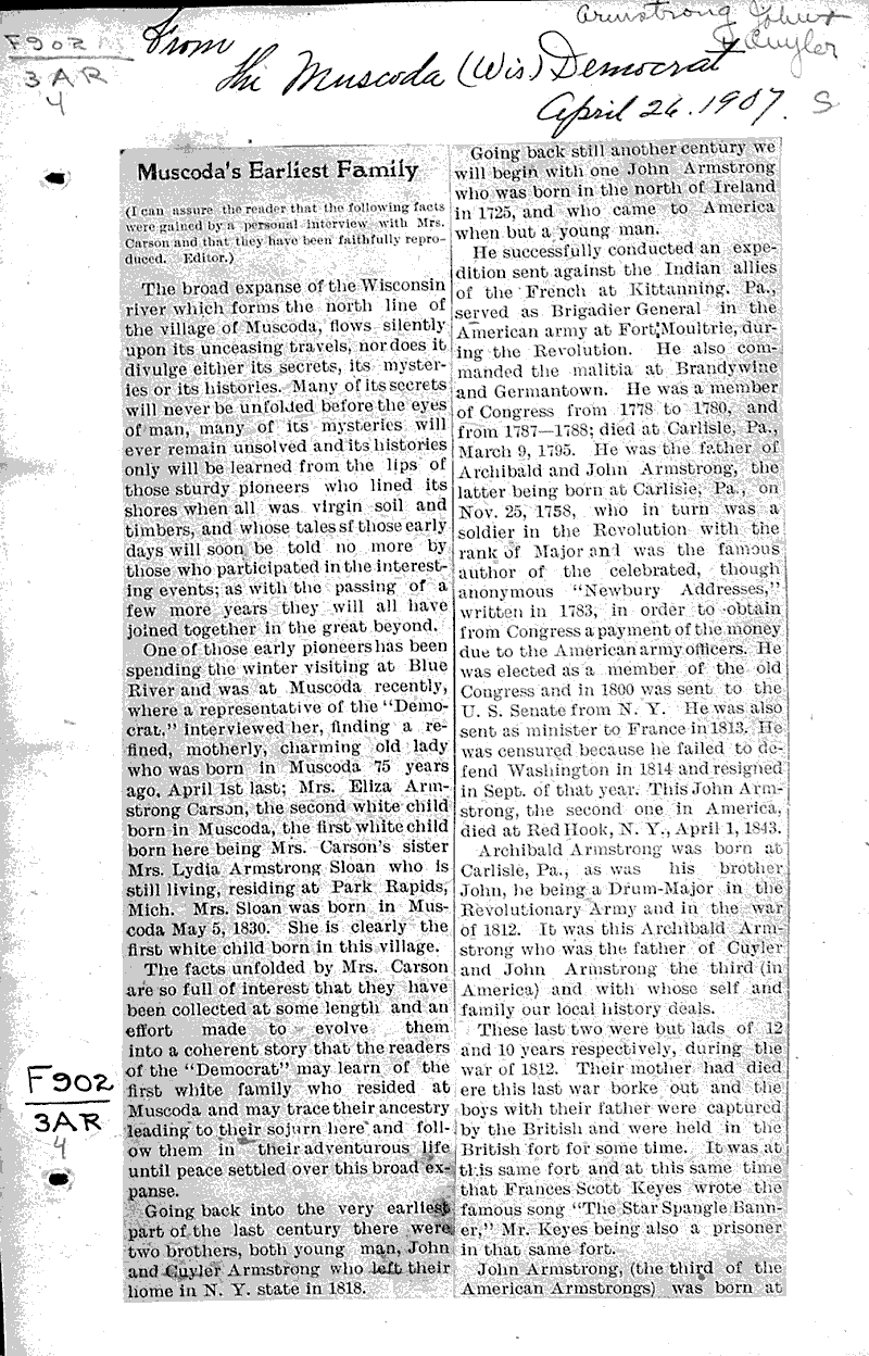 Muscoda's earliest family Newspaper Article/Clipping Wisconsin Historical Society