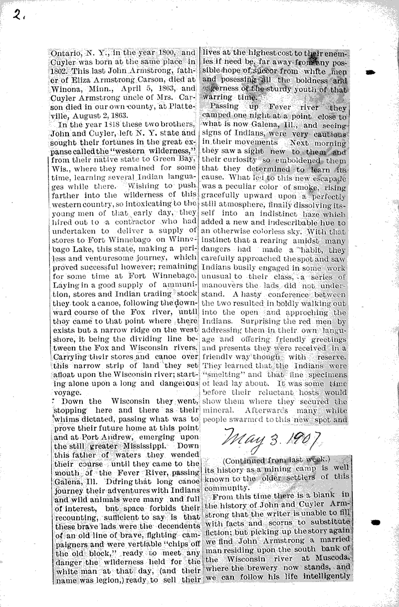 Muscoda's earliest family Newspaper Article/Clipping Wisconsin Historical Society
