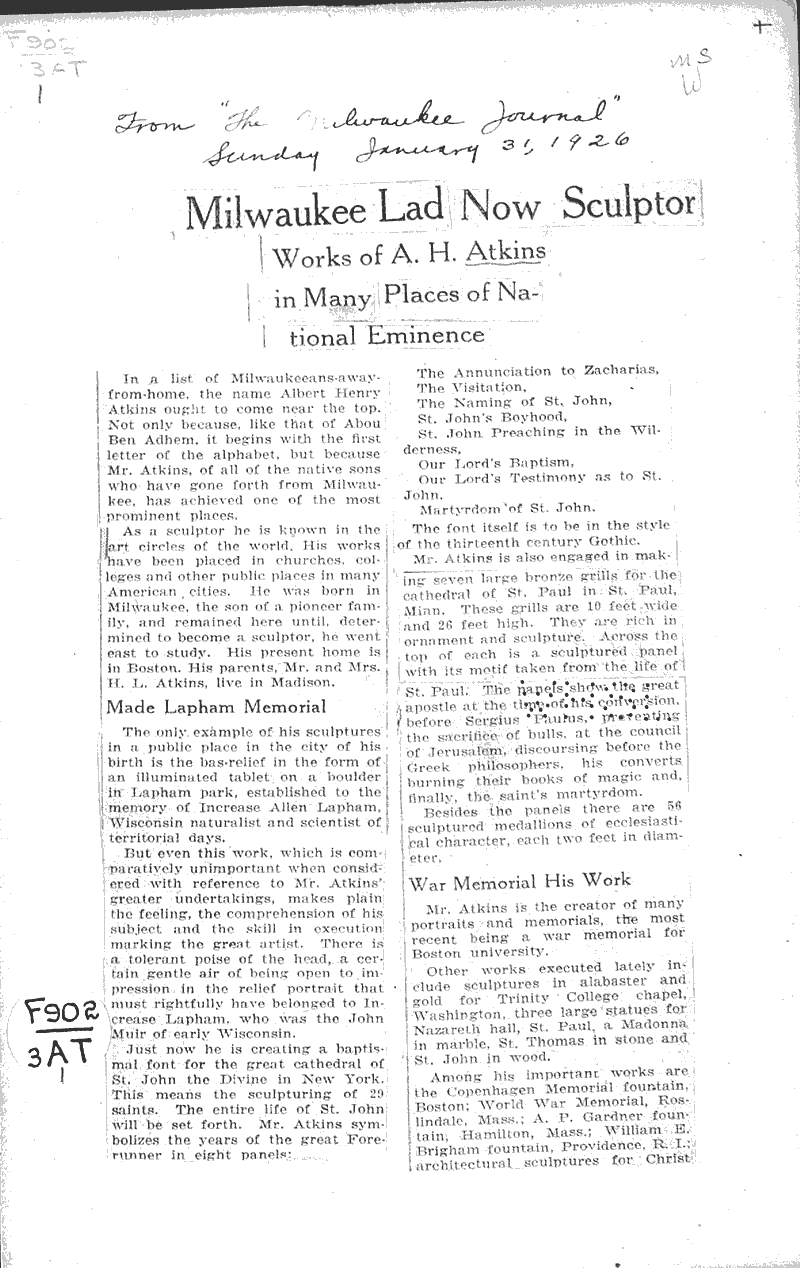 Milwaukee lad now sculptor Source: Milwaukee Journal Topics: Art and Music Date: 1926-01-31