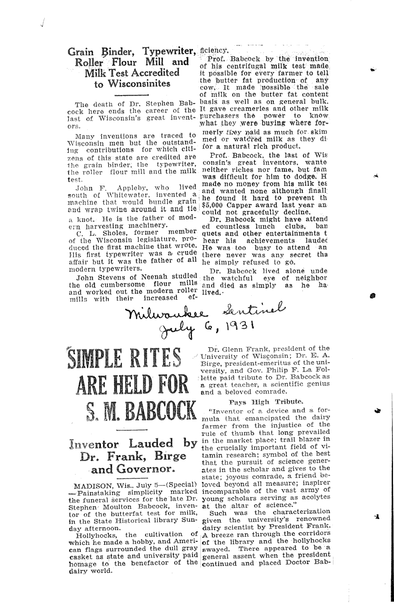  Source: Milwaukee Sentinel Topics: Agriculture Date: 1931-07-06