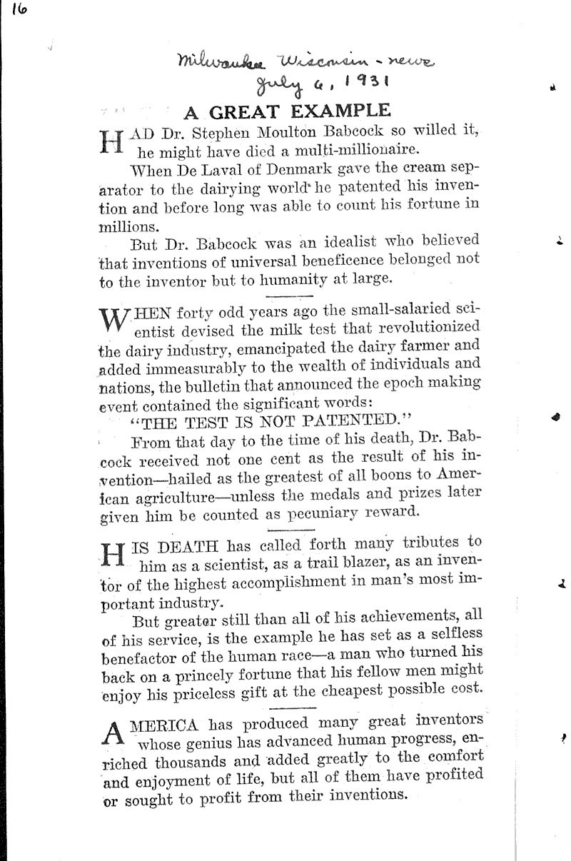  Source: Milwaukee Wisconsin News Topics: Agriculture Date: 1931-07-06