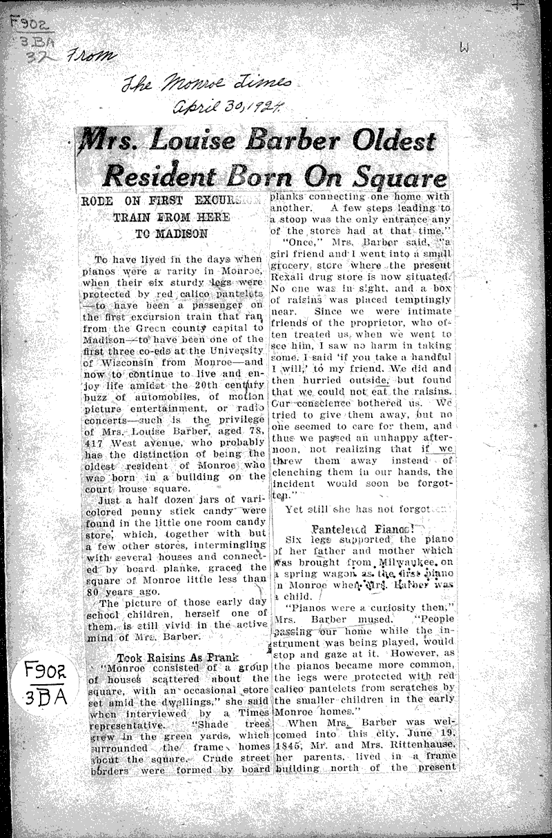 Mrs. Louise Barber oldest resident born on Square Newspaper Article