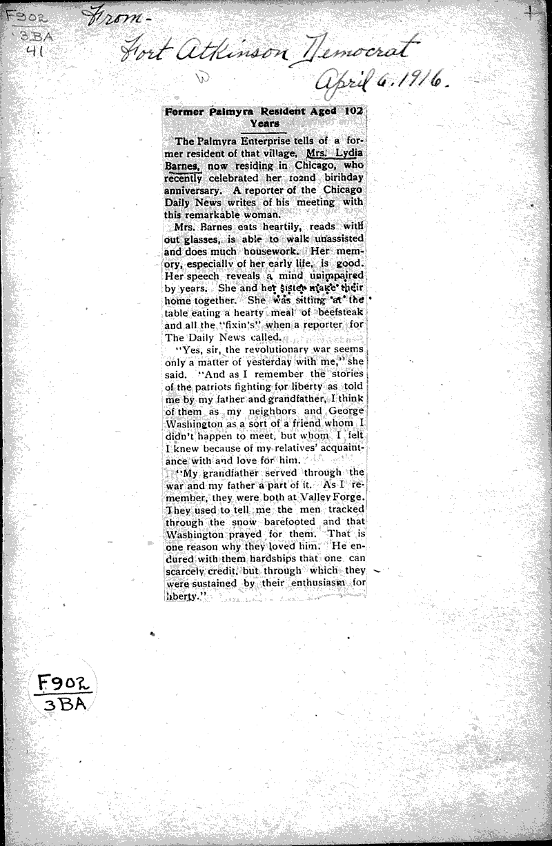 Former Palmyra resident aged 102 years Newspaper Article/Clipping