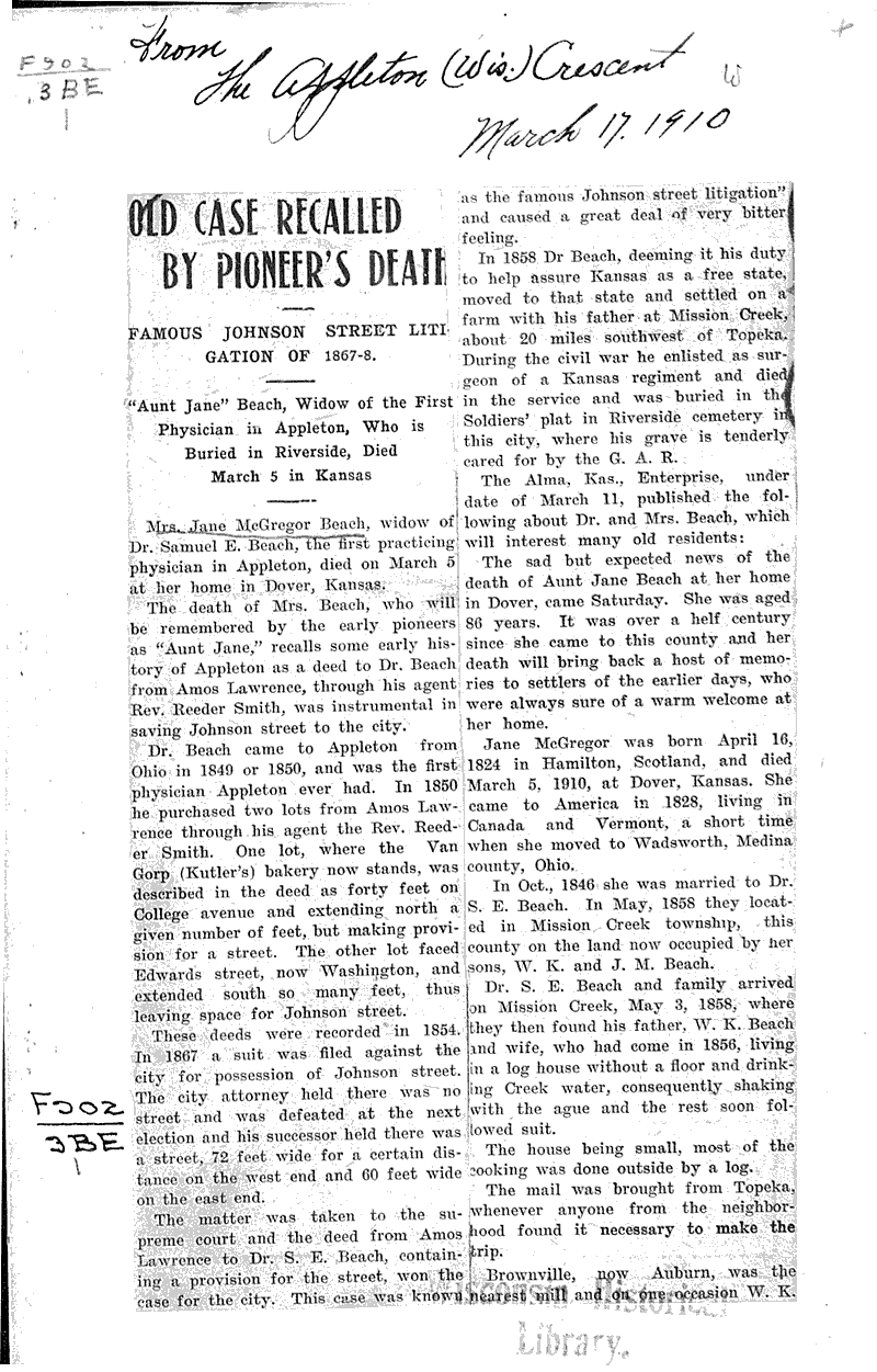 Old case recalled by pioneer's death Newspaper Article/Clipping