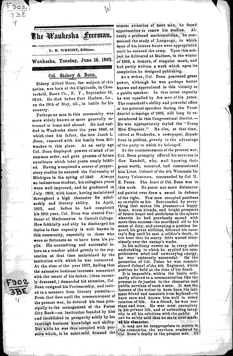  Source: Waukesha Freeman Topics: Wars Date: 1863-06-16