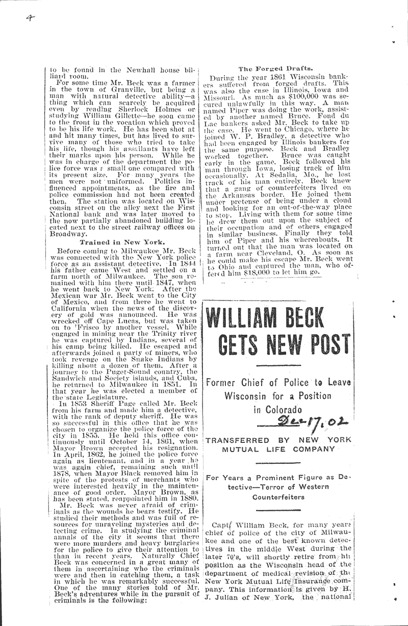 William Beck gets new post Topics: Government and Politics Date: 1902-12-17