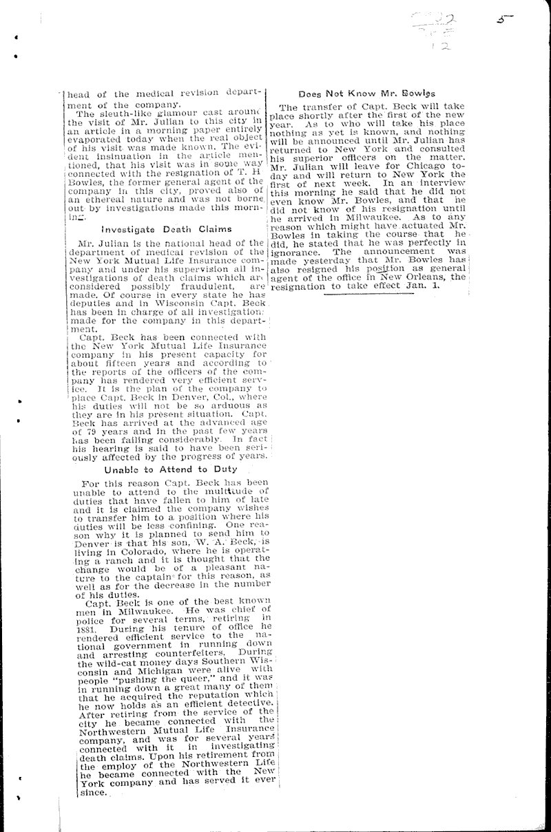 William Beck gets new post Topics: Government and Politics Date: 1902-12-17