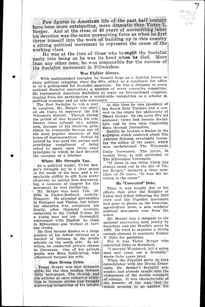 Berger battled for principle; he died a poor man Source: Milwaukee Leader Topics: Social and Political Movements Date: 1929-08-07