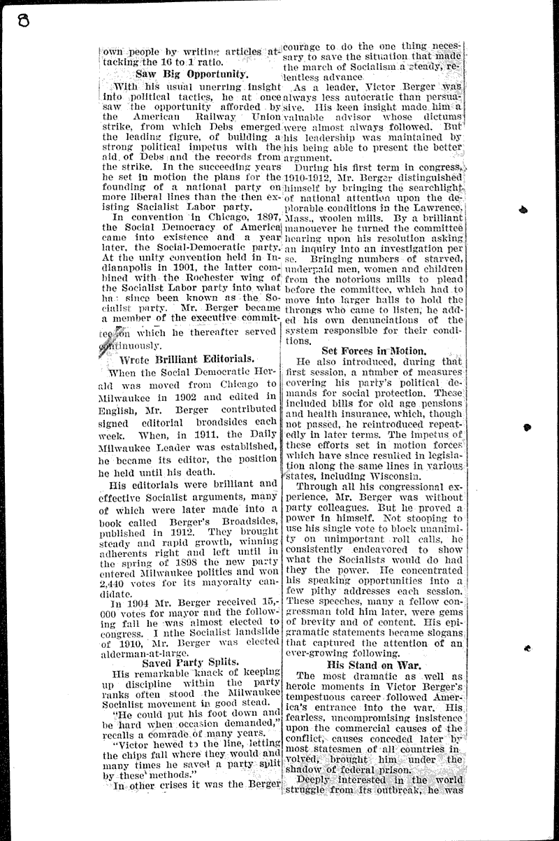 Berger battled for principle; he died a poor man Source: Milwaukee Leader Topics: Social and Political Movements Date: 1929-08-07