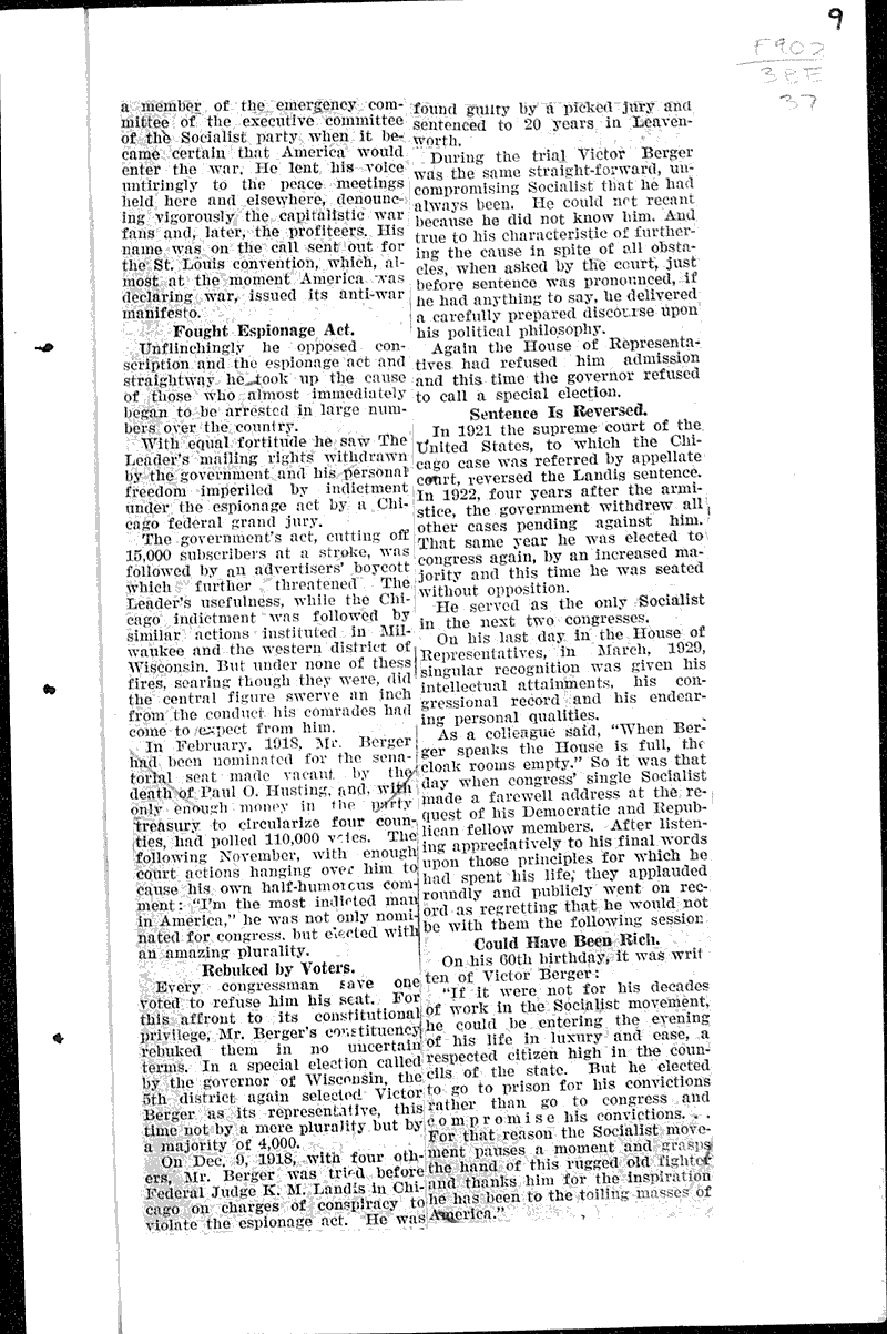 Berger battled for principle; he died a poor man Source: Milwaukee Leader Topics: Social and Political Movements Date: 1929-08-07