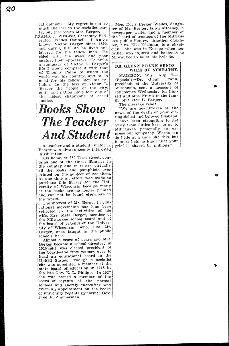 Dr. Glenn Frank sends wire of sympathy Source: Milwaukee Sentinel Topics: Social and Political Movements Date: 1929-08-07