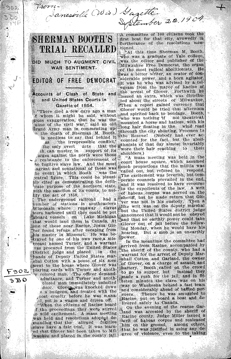 Sherman Booth's trial recalled Newspaper Article/Clipping Wisconsin