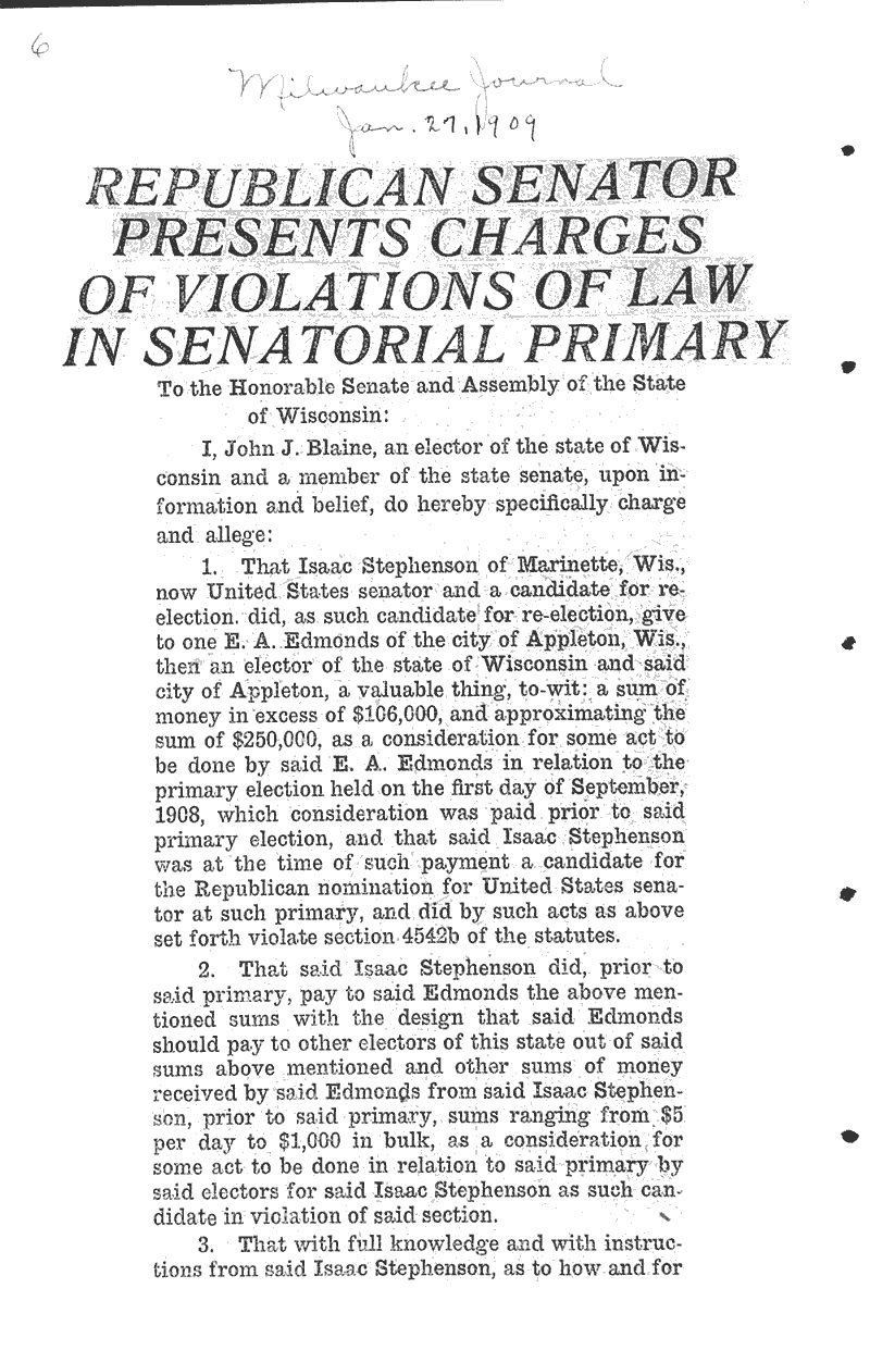  Source: Milwaukee Journal Topics: Government and Politics Date: 1909-01-27