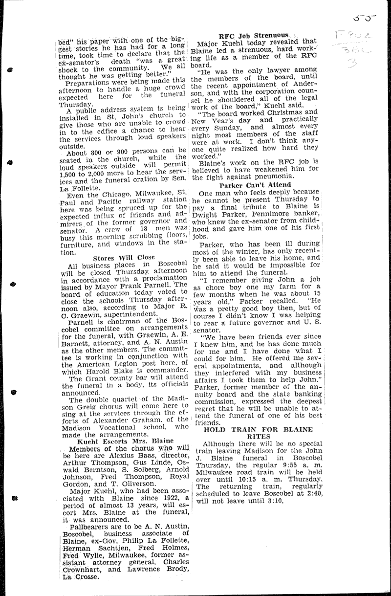 Death of blaine deeply mourned by home town Source: Wisconsin State Journal Topics: Government and Politics Date: 1934-04-18