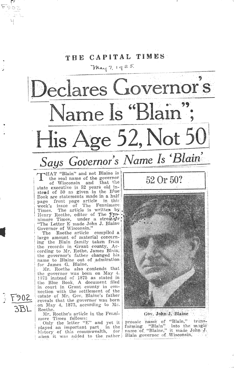  Source: Capital Times Topics: Government and Politics Date: 1925-05-07