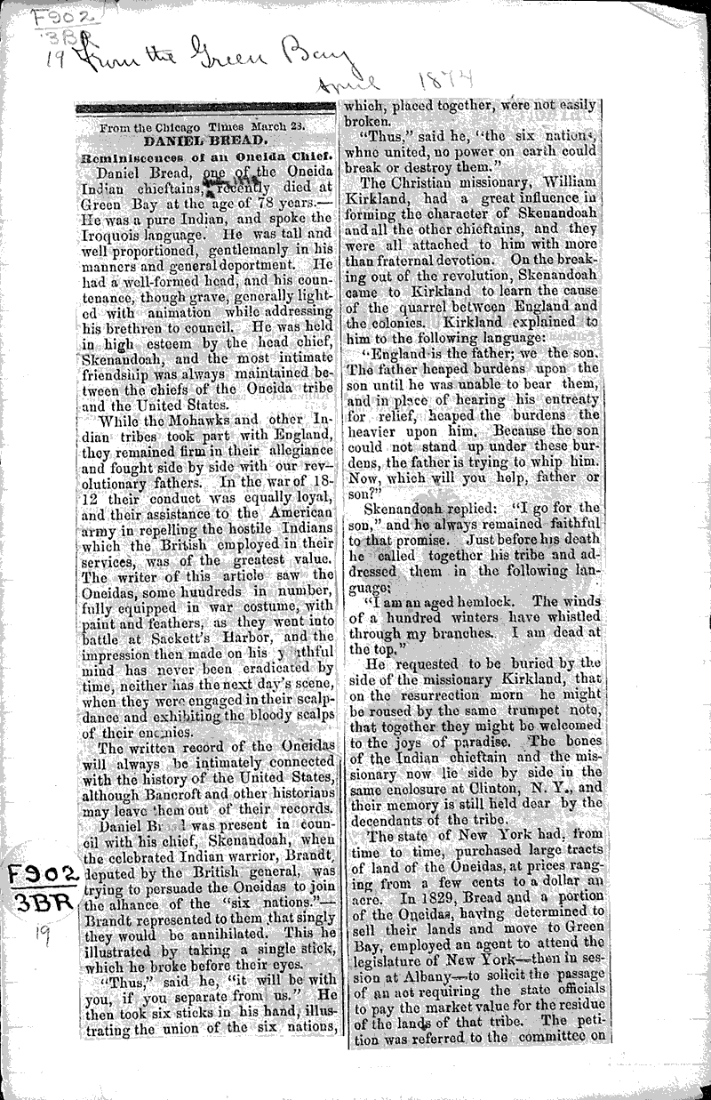 Daniel Bread, reminiscences of an Oneida chief Topics: Indians and Native Peoples Date: 1874-04-??