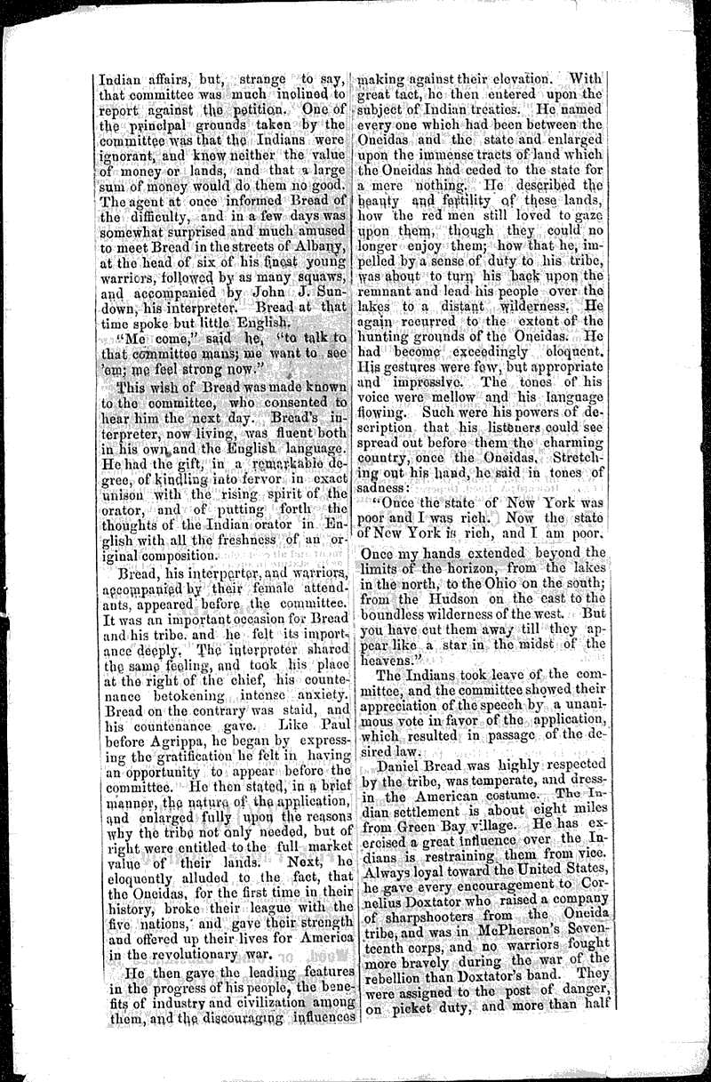 Daniel Bread, reminiscences of an Oneida chief Topics: Indians and Native Peoples Date: 1874-04-??