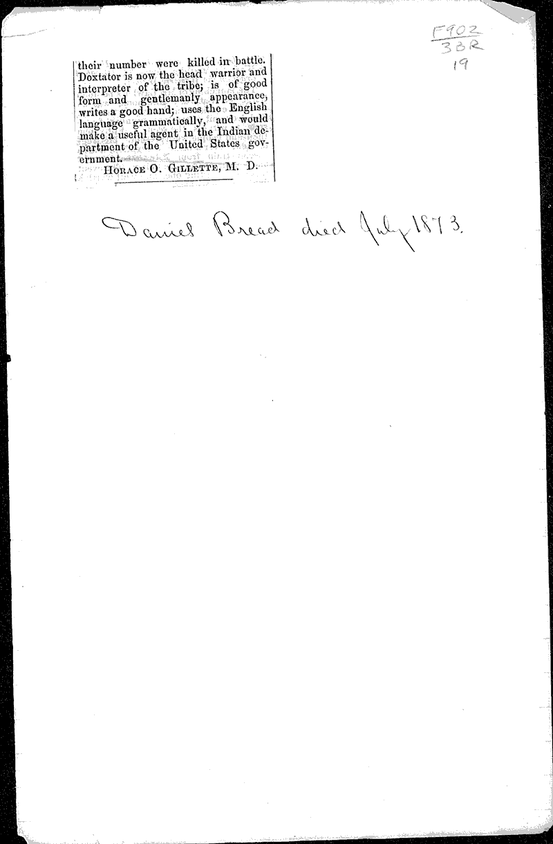 Daniel Bread, reminiscences of an Oneida chief Topics: Indians and Native Peoples Date: 1874-04-??