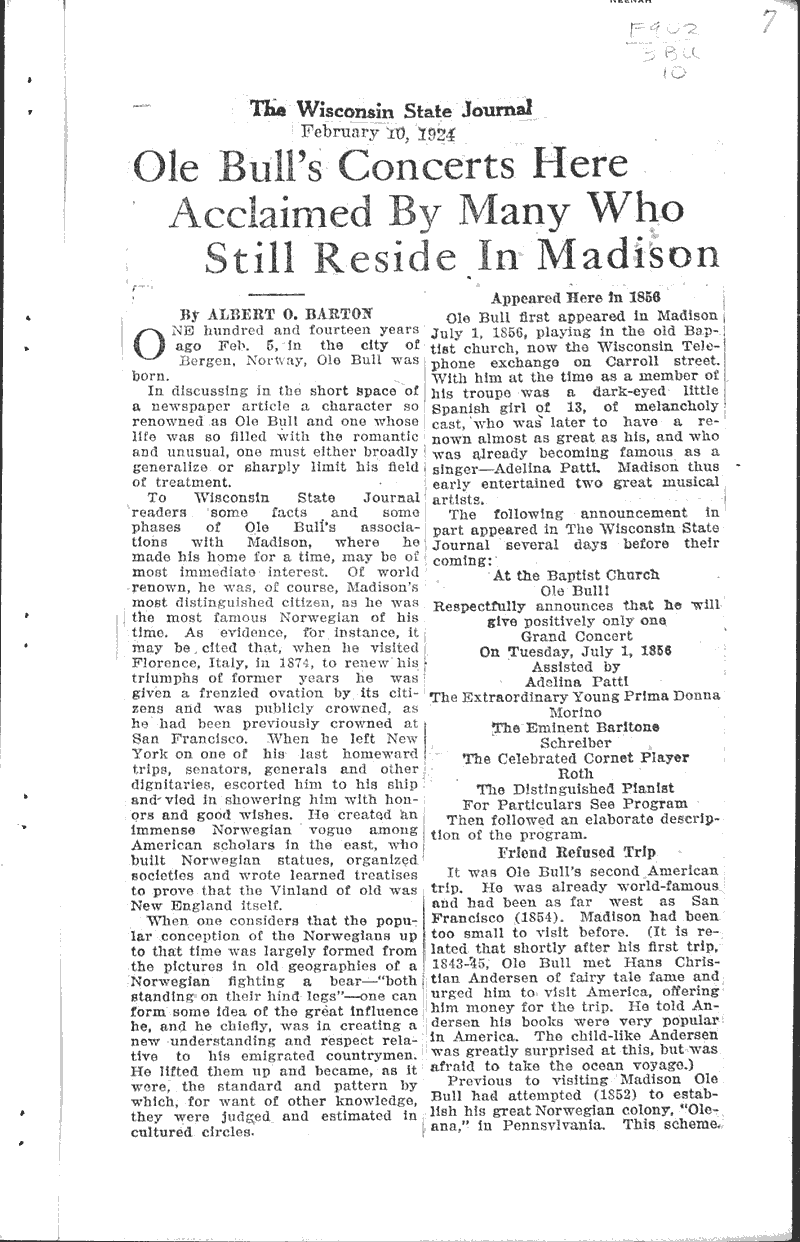  Source: Wisconsin State Journal Topics: Art and Music Date: 1924-02-03