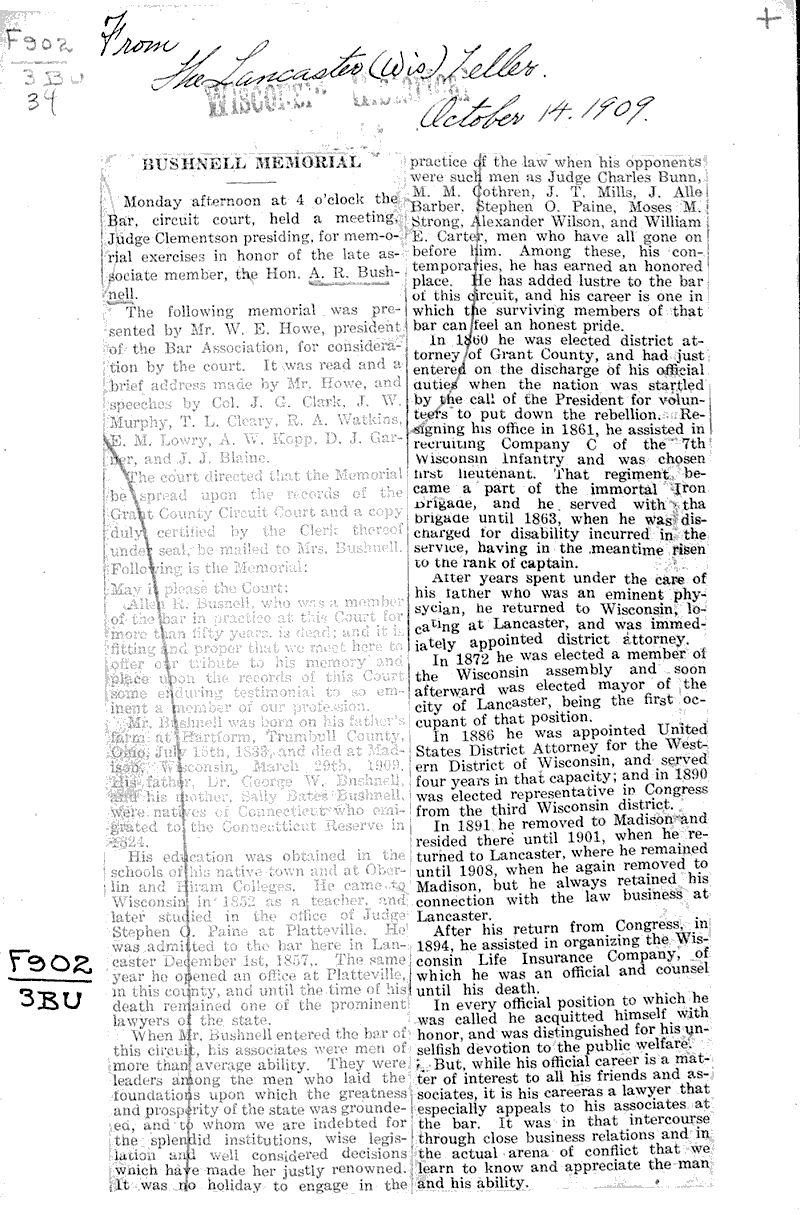 Bushnell memorial Newspaper Article/Clipping Wisconsin Historical