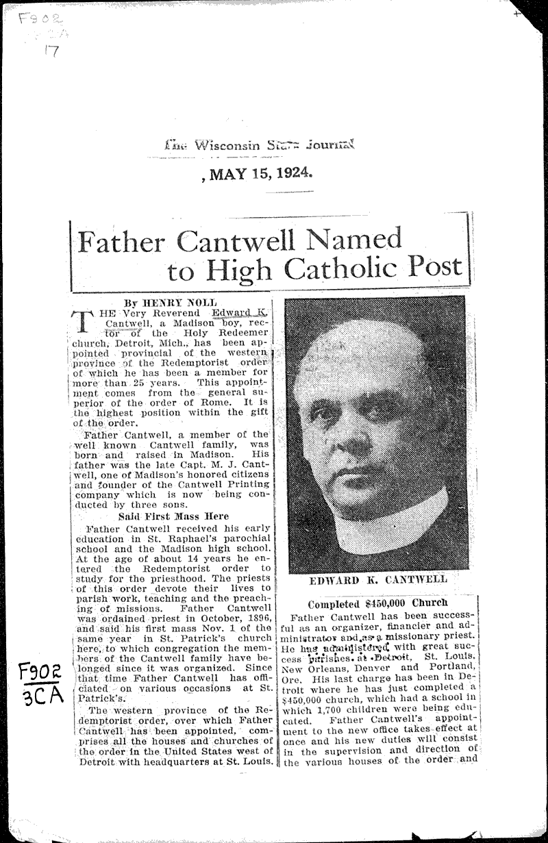 Father cantwell named to high catholic post Newspaper Article/Clipping Wisconsin Historical