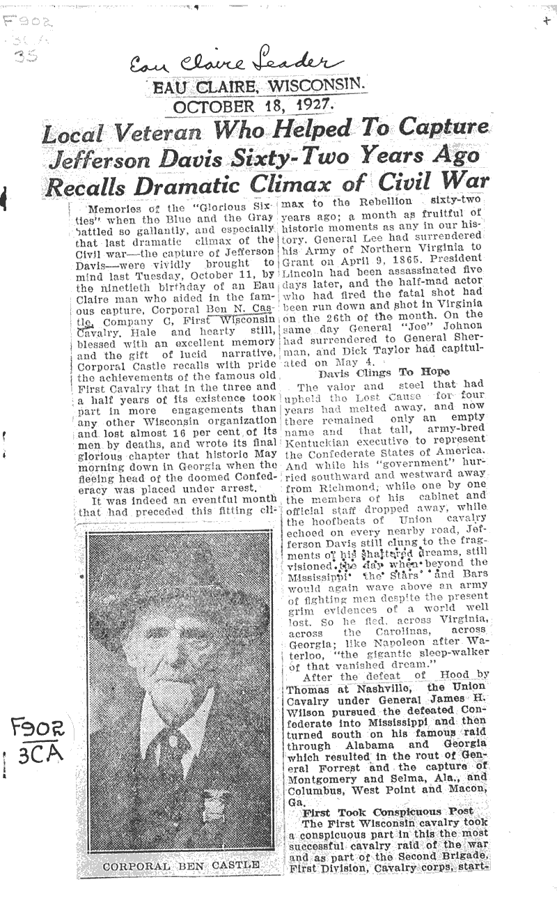  Source: Eau Claire Sunday Leader Topics: Civil War Date: 1927-10-18